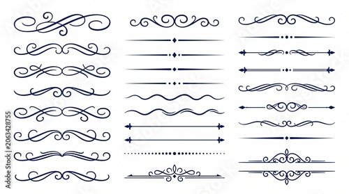 Collection of Elegant Decorative Flourishes and Dividers in Dark Blue