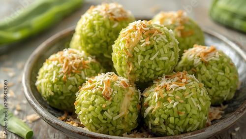 Green Coconut Rice Balls Dessert with Toasted Coconut Flakes