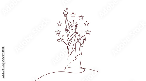 Statue of Liberty line art icon with stars, minimalist, abstract, symbol of freedom