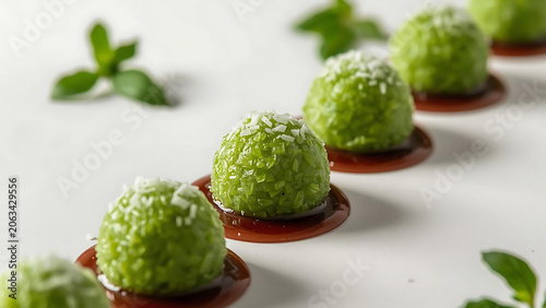 Green spherical desserts with coconut flakes and sauce, garnished with mint leaves on a white background.