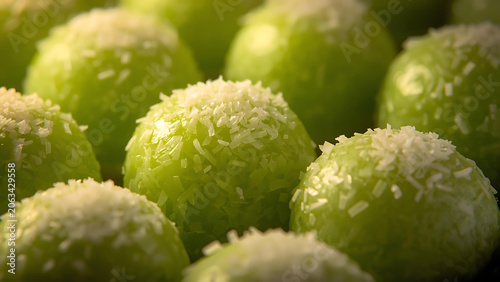 Green sweet balls with coconut flakes, close-up, macro food photography, dessert