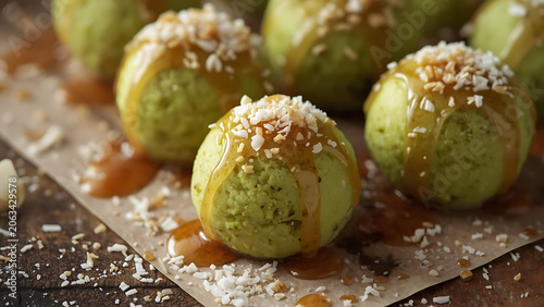 Green Tea Ice Cream Balls with Caramel Drizzle and Coconut Flakes