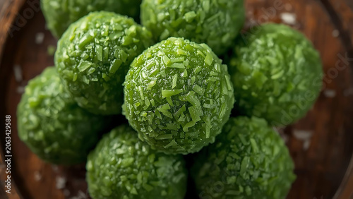 Healthy Green Coconut Energy Balls Stacked on Wooden Plate, Vegan Snack