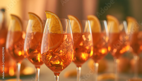 A line of Aperol Spritz cocktails, adorned with peeled oranges, elegantly presented in chic glasses, against a gentle, warm setting.
