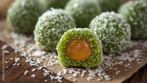Healthy Green Energy Balls with Mango Filling, Sprinkled with Coconut Flakes