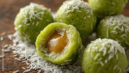 Healthy Green Energy Balls with Mango Filling, Sprinkled with Coconut Flakes
