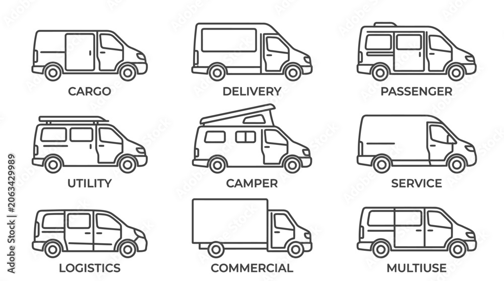 Obraz premium A comprehensive collection of outline vector icons representing diverse types of modern transport vehicles for professional logistics and commercial fleet management