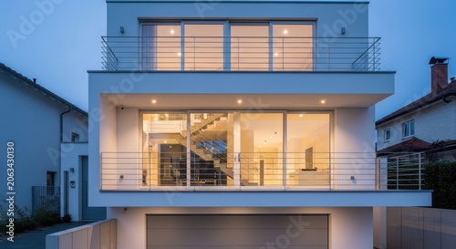 Elegant modern white house facade with warm interior lighting.