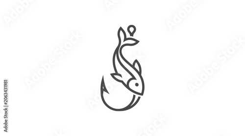 Canvas Print Minimalist line art fish caught on a fishing hook.