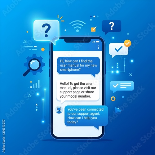 Smartphone customer support chat interface with AI chatbot and human agent connection.