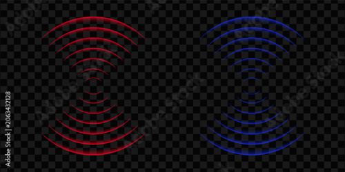 Round glowing light Wi-Fi effect and Sonar sound waves set. WiFi concentric circles and RFID Radio Frequency Identification signal. Water ripples with circular waves and echo of glowing signal. Vector