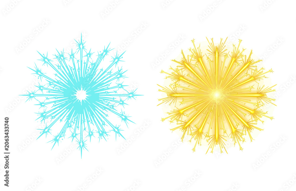 Obraz premium Bright Blue and Golden Yellow Abstract Fireworks Illustrations Isolated on White Background