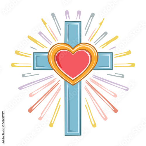 Christian Cross with Heart and Rays of Light