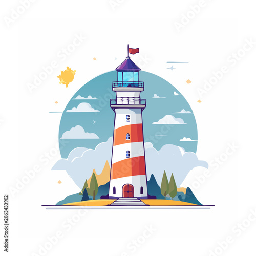 Flat design lighthouse with sun and mountains