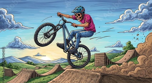 Person performing bicycle trick on dirt jump track outdoors