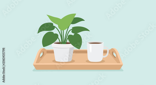 Photos A vector illustration of a potted plant and a cup of coffee sitting on a wooden tray against a soft blue background in a minimalist flat style