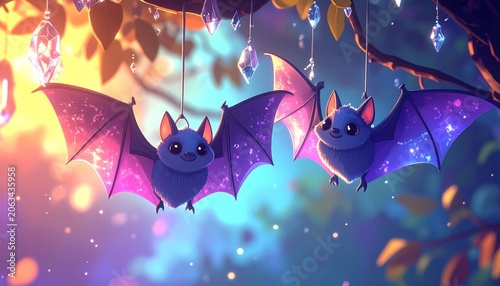 Two cartoon bats hanging from a tree branch in a colorful night sky.