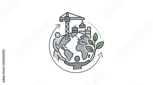 Sustainable global development icon with construction and trade elements.