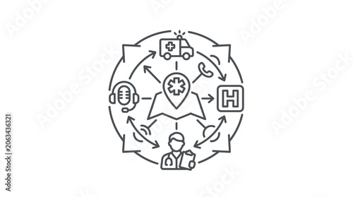 Healthcare ecosystem and medical service network line icon.