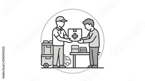 Humanitarian aid worker delivering medical supplies to person.