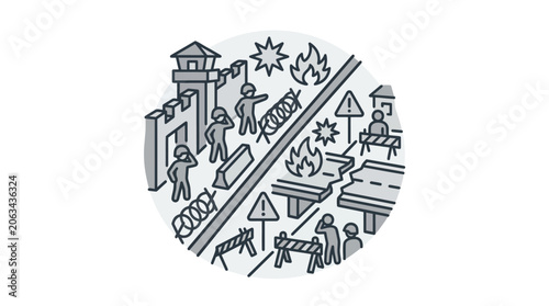 Illustration of war conflict and natural disaster zones.