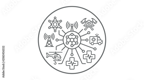 Integrated emergency services network icon with response symbols.