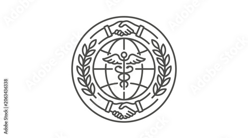 International health treaty icon with handshake and laurel wreath.