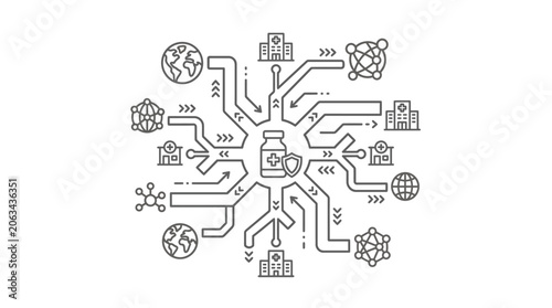 Medical supply chain network icon with central pharmaceutical bottle.
