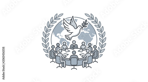 International peace summit meeting with dove and laurel wreath.