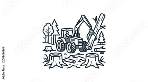 Logging tractor harvesting wood in a deforested field.