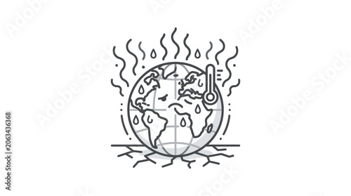 Melting earth globe with thermometer on hot cracked earth.