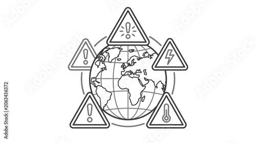 Multiple global hazards with Earth and warning signs line icon.