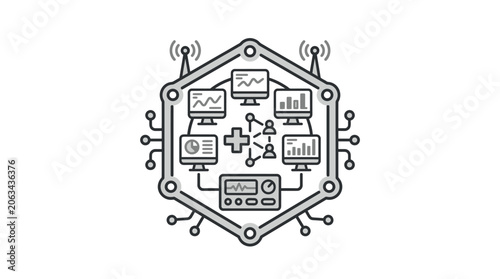 Network data monitoring and smart hub connection line icon.
