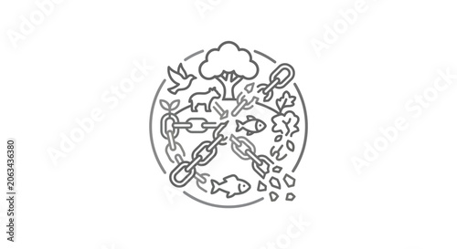 Nature conservation circle with animals plants and broken chain.
