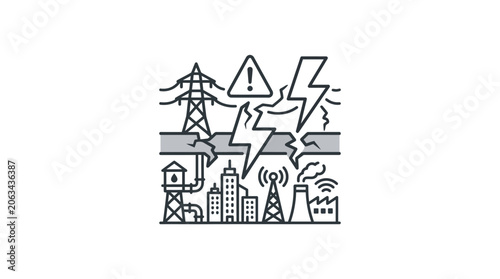 Power grid failure and electrical storm city icon.
