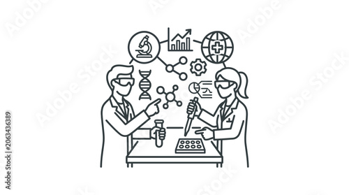 Scientists conducting medical research in laboratory setting line icon.