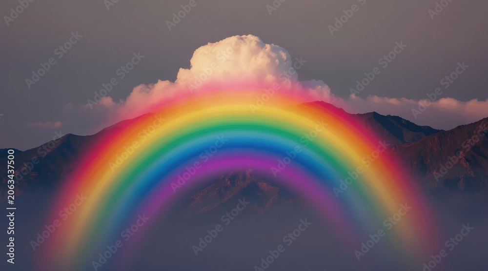 Obraz premium Vibrant rainbow arcs over misty mountain peaks at sunset. Colorful sky hues blend with dark rugged terrain. Soft clouds drift above dramatic natural panorama.