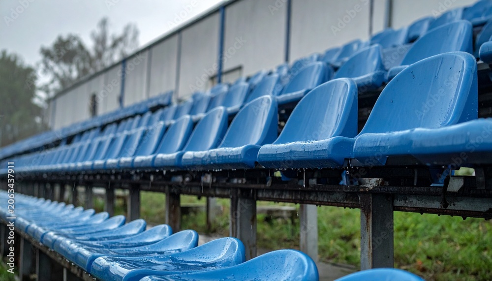 Fototapeta premium Rainy Day at the Empty Sport Arena Bleachers