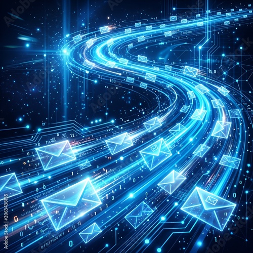 Digital Communication Network: Blue Glowing Email Icons Flowing Through Data Stream