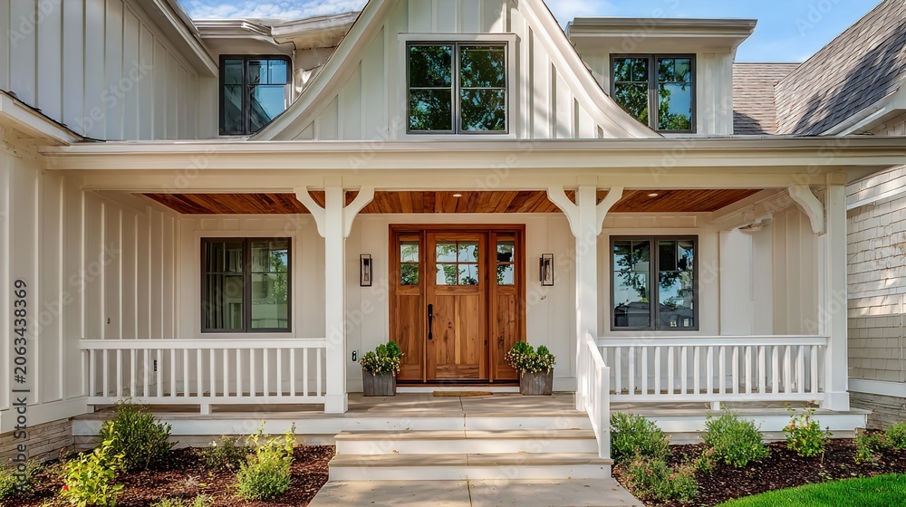 Fototapeta premium Modern Farmhouse Front Porch with Wooden Door and White Railing