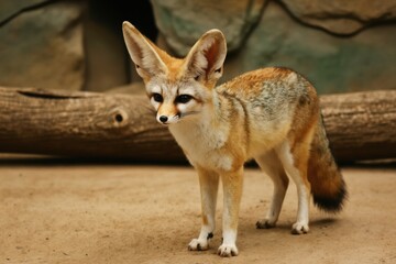 Fennec fox stands on sandy ground in zoo enclosure. Small desert mammal with large ears looks curious. Cute wild animal rests near rock wall and log.