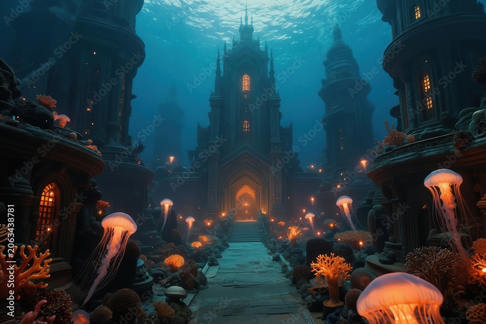 Naklejka premium Surreal underwater city ruins with glowing jellyfish and coral. Ancient architecture illuminated by warm light, deep ocean abyss. Mystical, fantasy landscape, dreamlike, serene, hidden world.