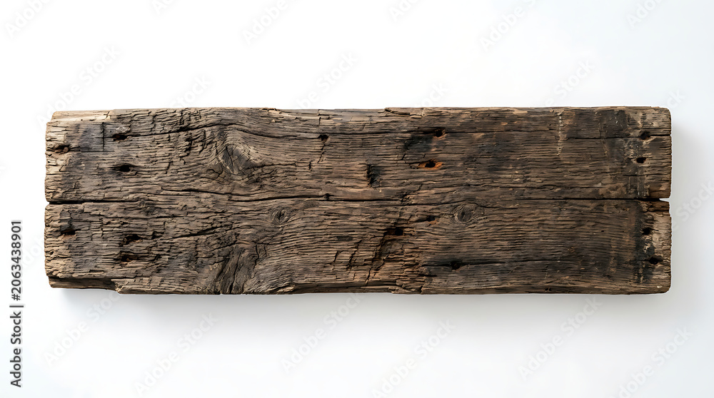 Fototapeta premium A rectangular piece of rough dark reclaimed wood plank isolated on white background