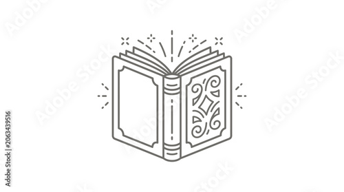 Decorative open book with ornate floral patterns and sparkles.