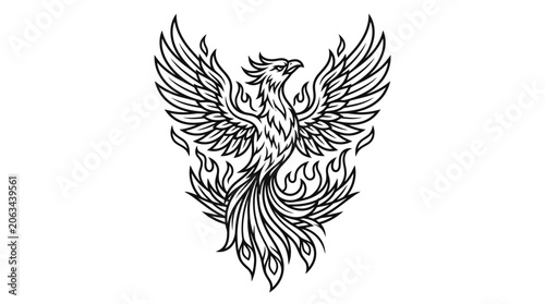 Obraz na plátně Detailed phoenix rising from flames line art symbol.