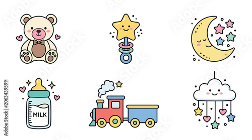 Cuadro en lienzo Cute Baby Icons: Teddy Bear, Rattle, Moon, Milk Bottle, Train, Mobile