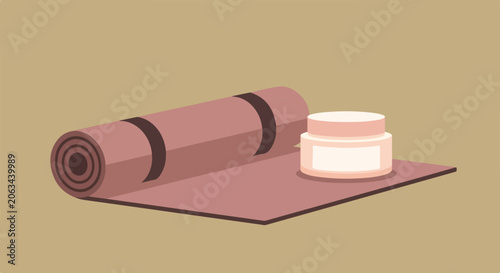 Fotografie A minimalist vector graphic depicts a partially unrolled pink yoga mat with a cosmetic cream jar on top against a solid neutral background