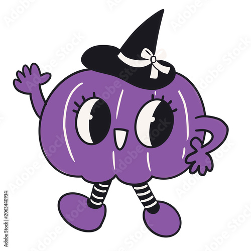 Purple pumpkin mascot with witch hat cartoon