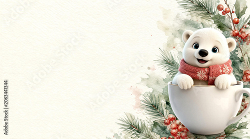 Cute Watercolor Winter Polar Bear in Teacup with Christmas Greenery and Ample Room for Text