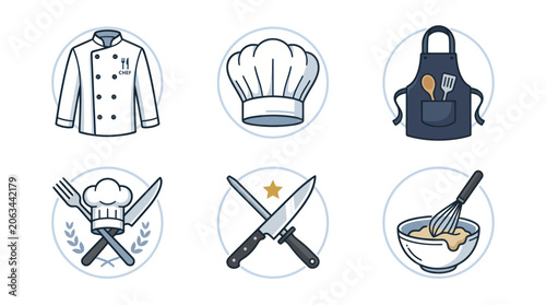 Bild auf Leinwand Culinary Icons: Chef Jacket, Hat, Apron, Utensils, Knives, Whisk